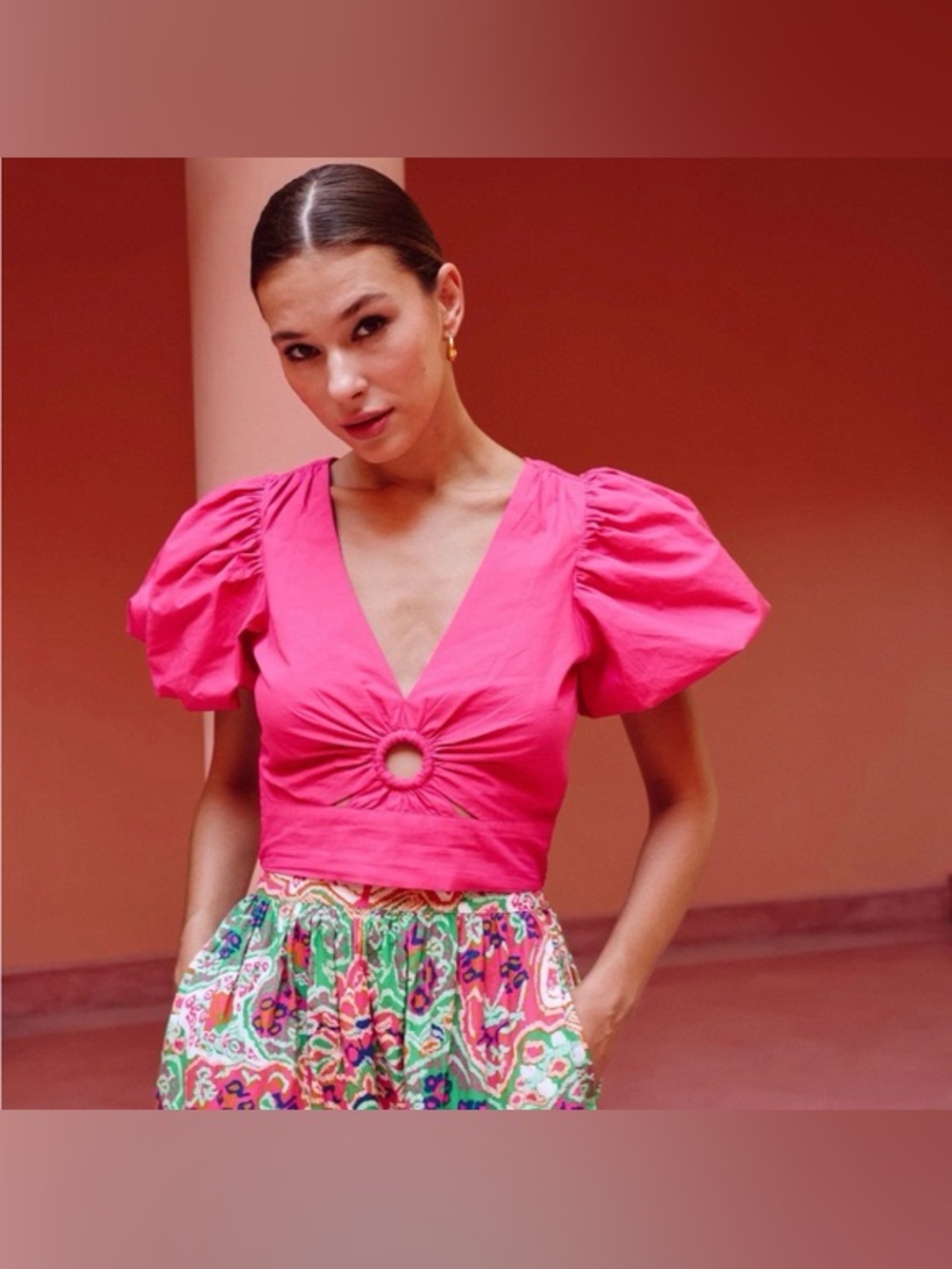 NWT Cleobella Avila Top Magenta Pink XS Cotton Puff Sleeve Crop Cutout Preppy